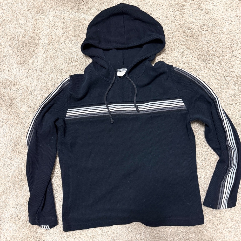 Vintage Y2K Knitworks Black Hooded LS Shirt with Chest and Sleeve Stripes Med/Lg